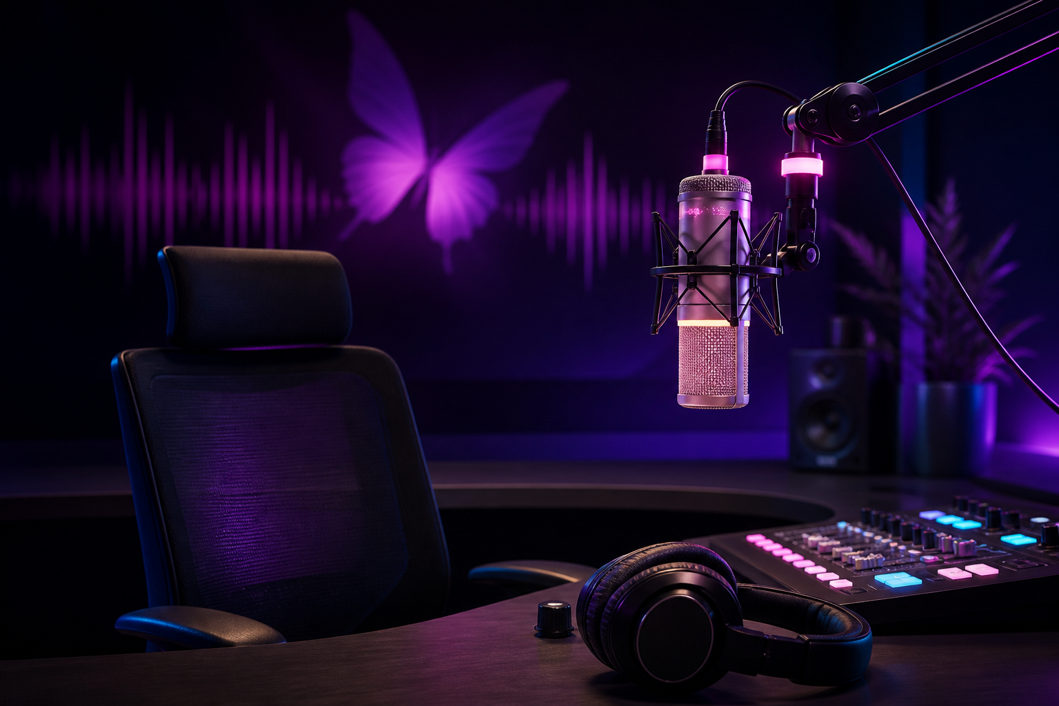 Profesjonalne studio radiowe z mikrofonem, słuchawkami i wolnym miejscem dla nowego prezentera Radia Motylek